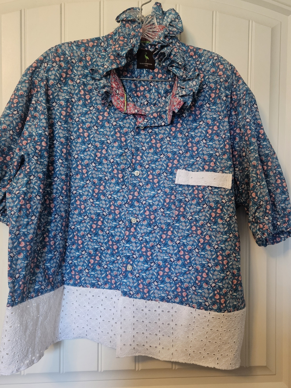 Upcycled Blue Floral Ruffle Button Front Top